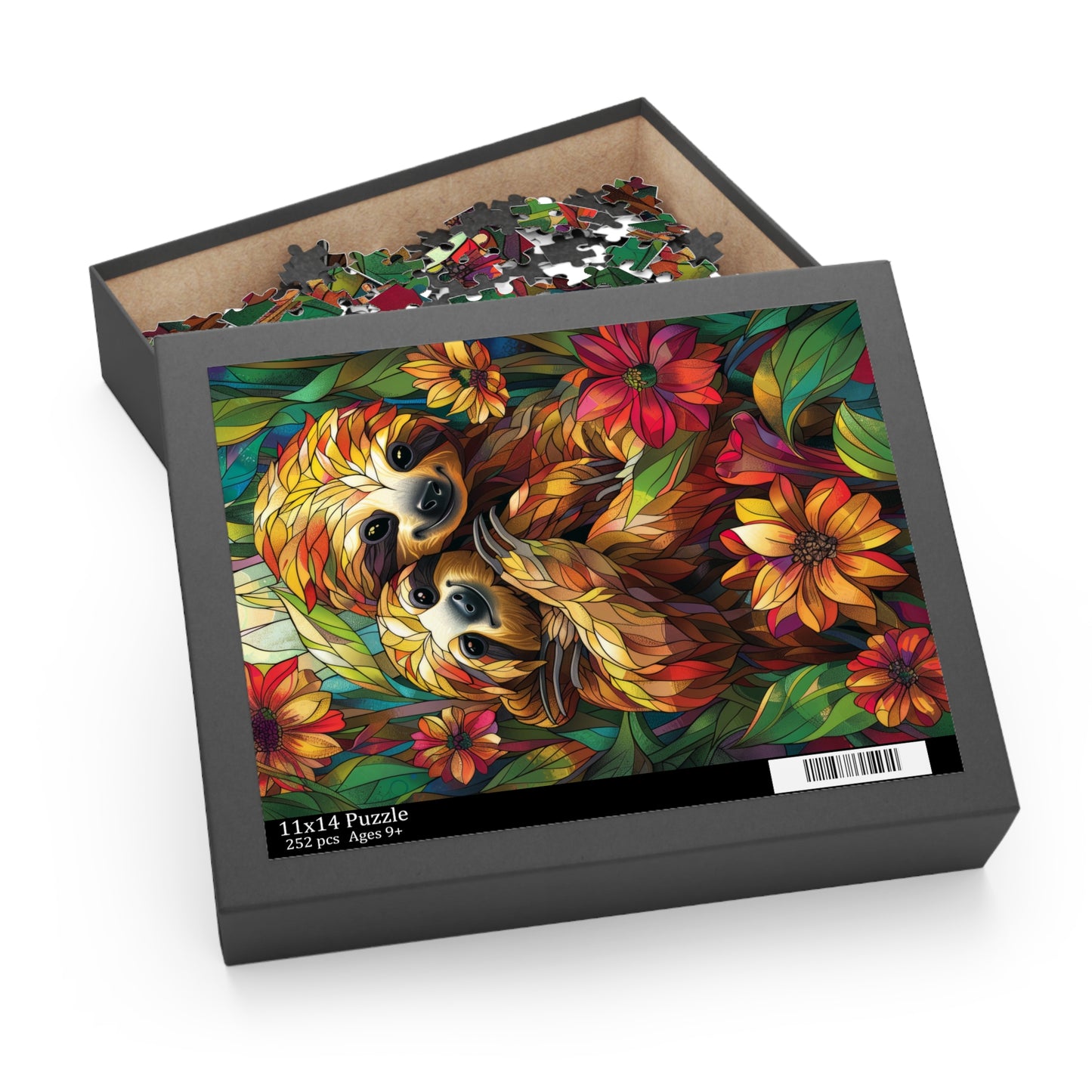 Faux Stained Glass Cuddling Sloth Puzzle Box (120, 252, 500-Piece) Family Jigsaw Puzzle, Puzzle Box Gift