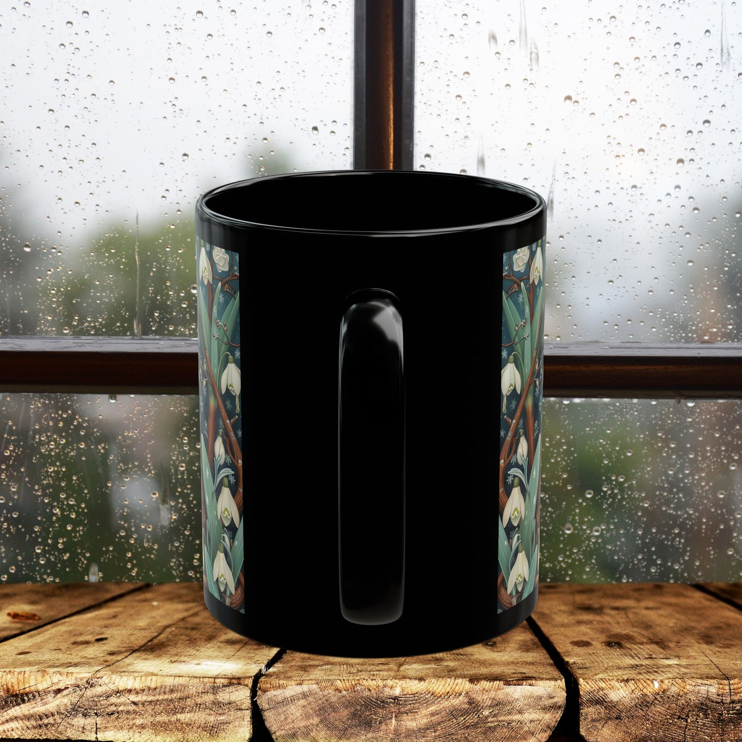 Whimsical Owl Snowdrop Floral Black Mug - Woodland Nature Coffee Cup, Forest Animal Art Gift, Cozy Rustic Drinkware
