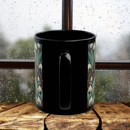 Whimsical Owl Snowdrop Floral Black Mug - Woodland Nature Coffee Cup, Forest Animal Art Gift, Cozy Rustic Drinkware