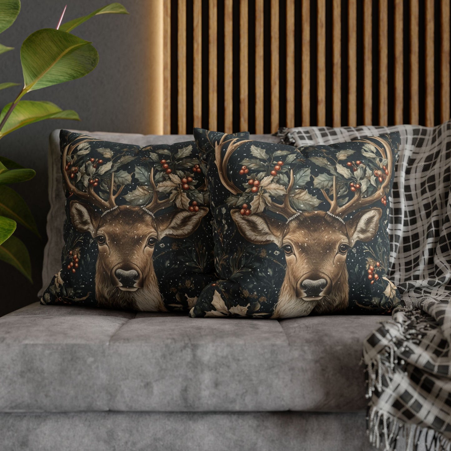Christmas Reindeer Winter Pillowcase, William Morris Style Festive Woodland Decorative Cushion