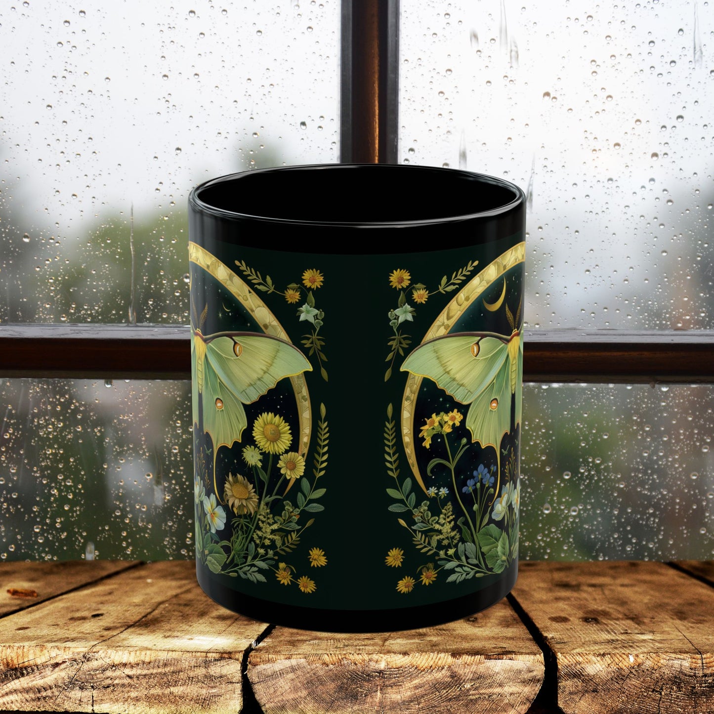 William Morris Inspired Luna Moth Crescent Moon Black Coffee Mug 11oz | Magical Luna Moth Ceramic Black Mug Gift