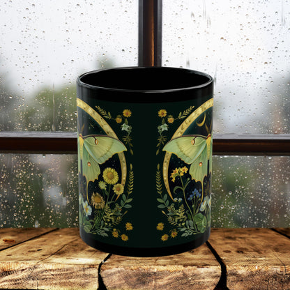 William Morris Inspired Luna Moth Crescent Moon Black Coffee Mug 11oz | Magical Luna Moth Ceramic Black Mug Gift