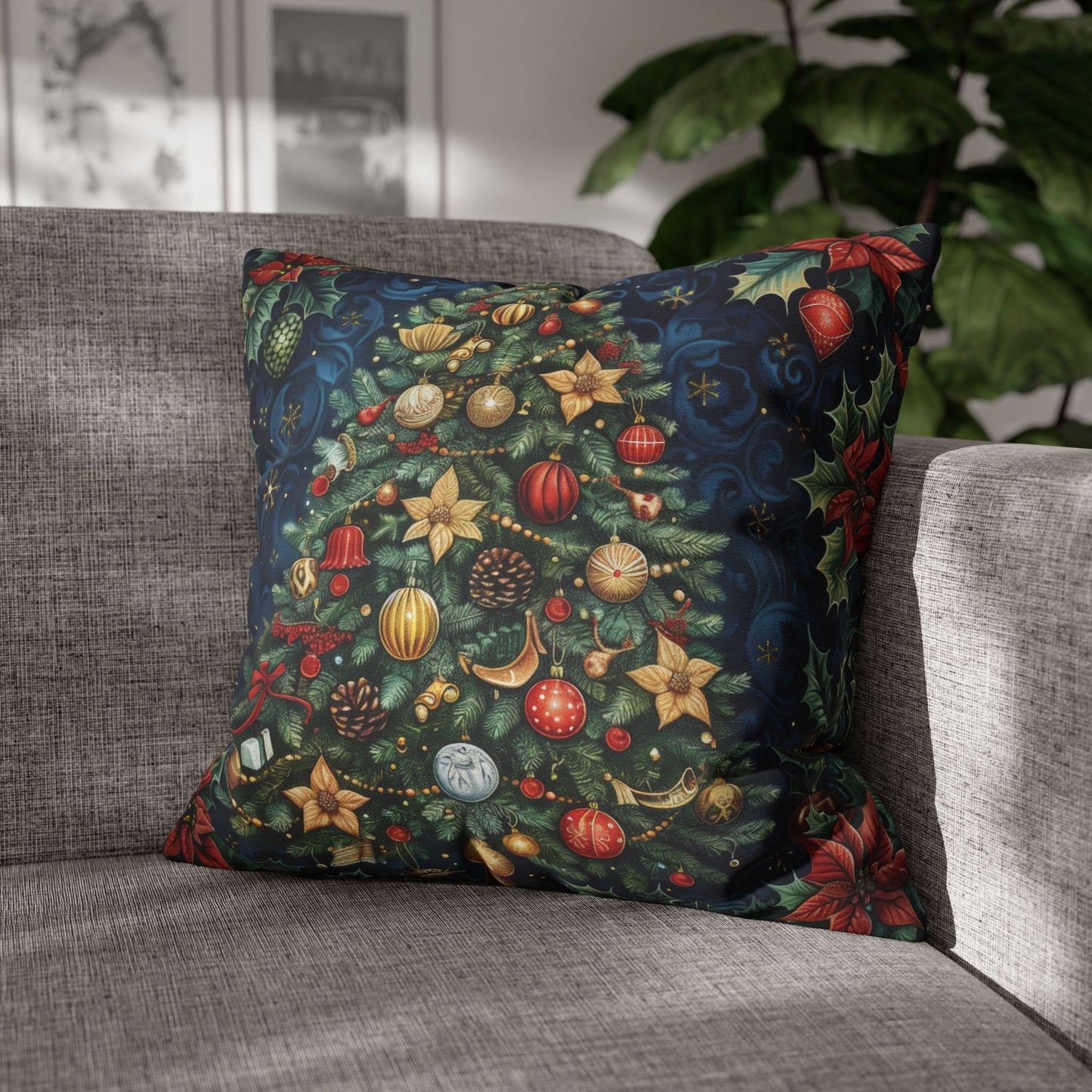 Christmas Tree Pillowcase, Holiday Throw Cushion, Festive Decor Gift, Elegant William Morris Inspired Design