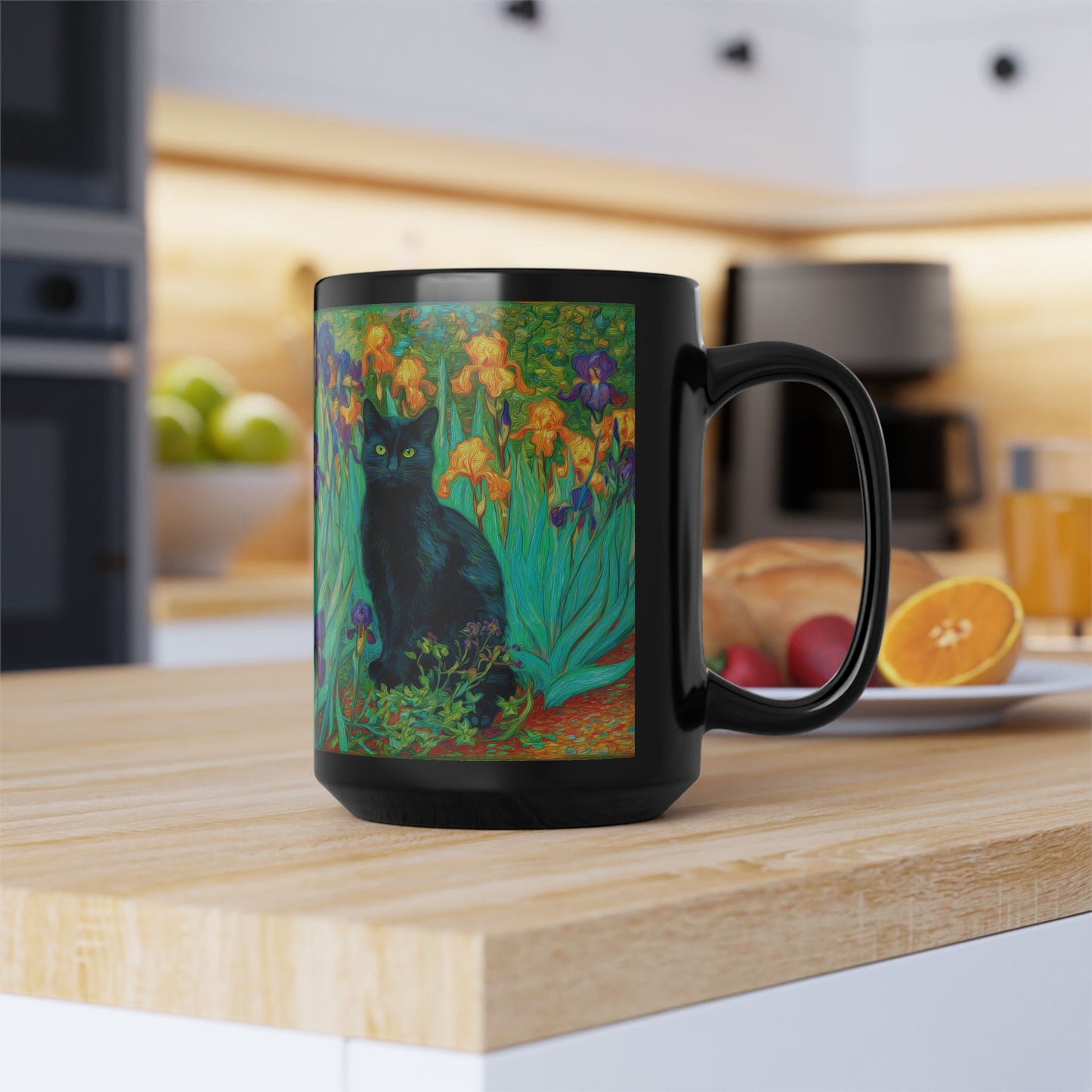 Black Cat Iris Mug, Van Gogh Inspired Cat Art Mug, Colorful Impressionist Floral Black Ceramic Mug, Artistic Cat Lover Gift, 11oz & 15oz