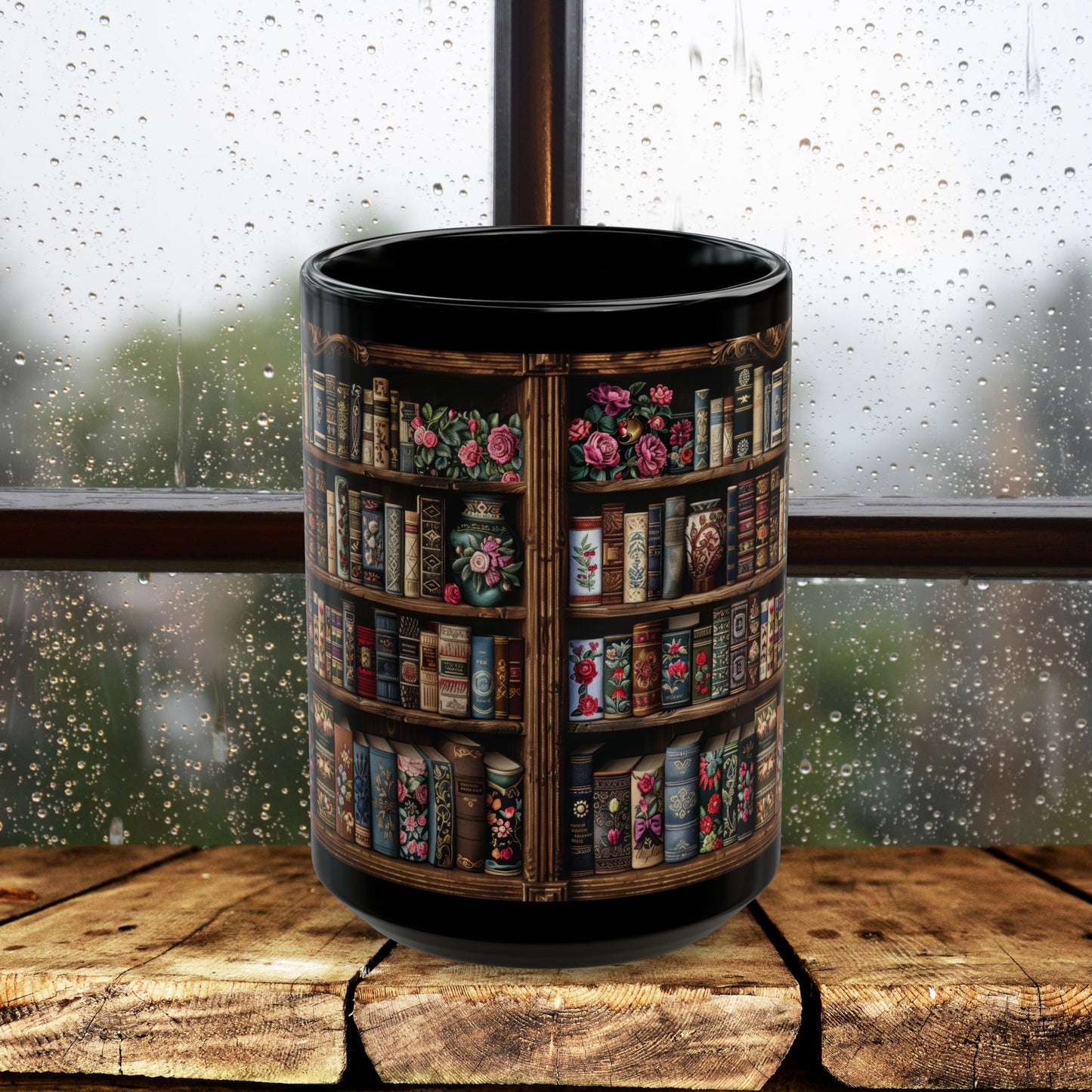 Victorian Bookshelf Mug, Vintage Bookshelf black Mug, Dark Academia Gift Idea, Book Lover Cup 11oz,15oz Botanical Books