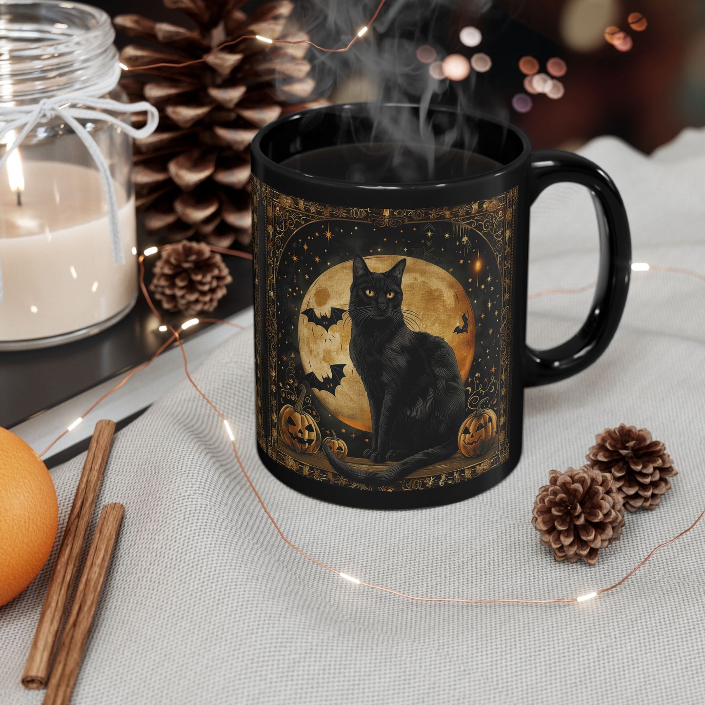 Art Deco Full Moon Black Cat Mug, William Morris Inspired, Black Coffee Cup 11oz, 15oz, Cat Lover Gift, Halloween Mug, Gothic Kitchen Decor,