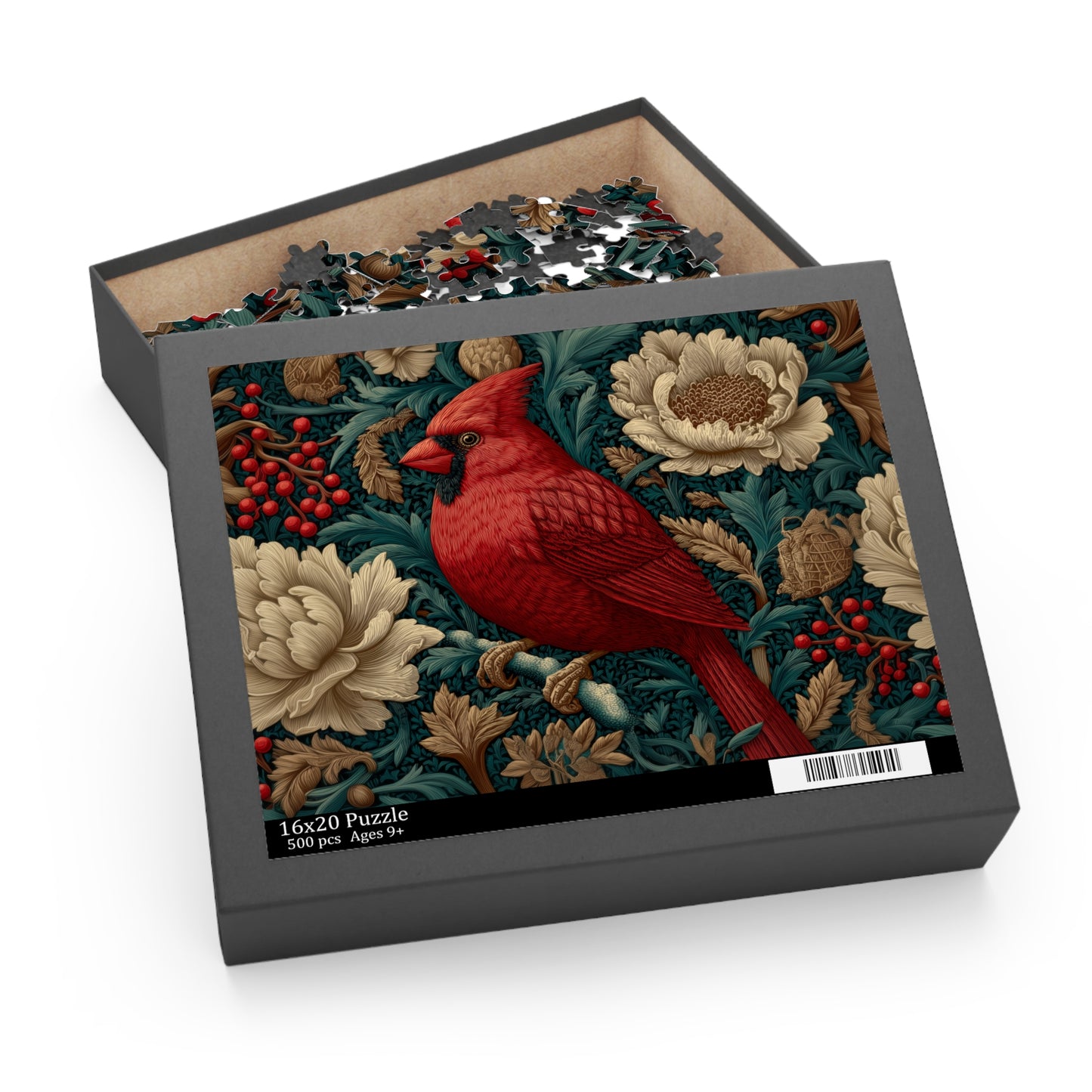 Red Cardinal Floral Puzzle, William Morris Inspired Botanical Jigsaw for Family