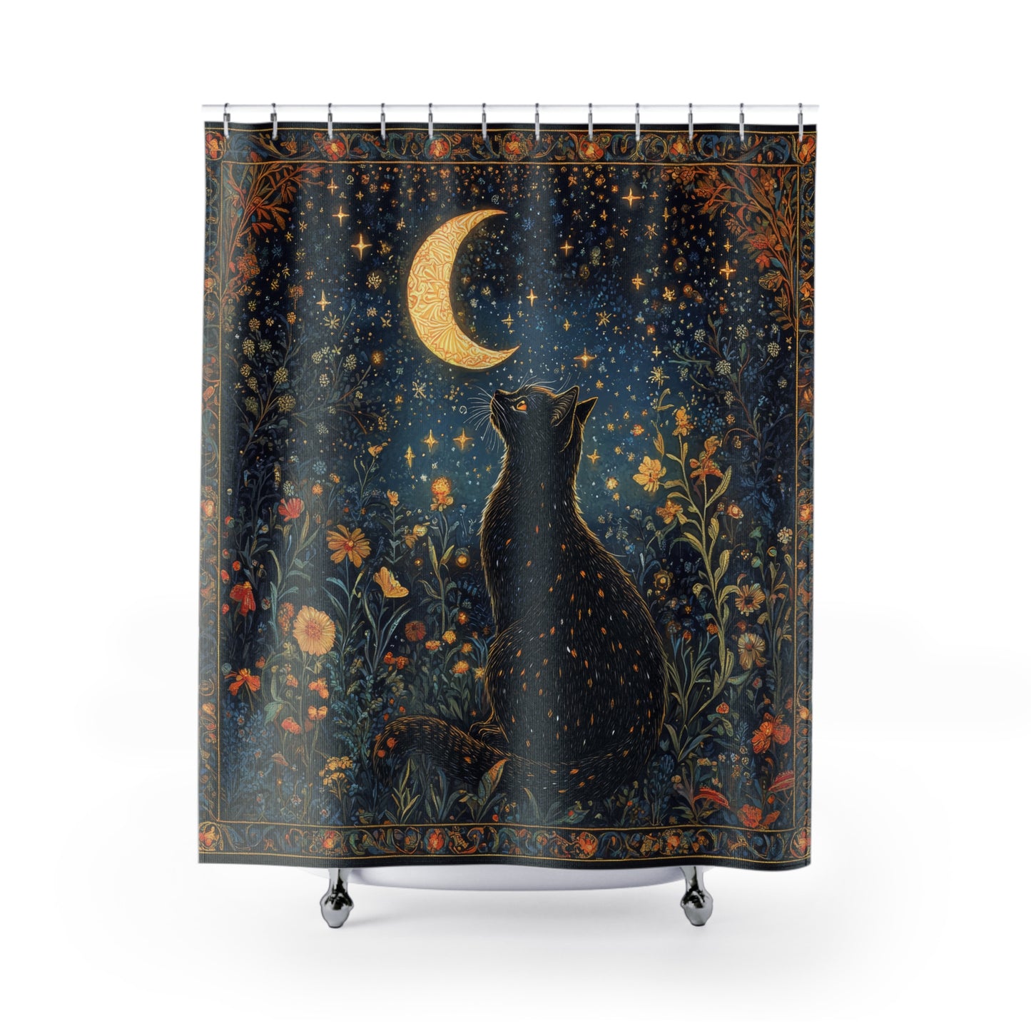 Black Cat Whimsical Night ,William Morris Insipred, Polyester Shower Curtain