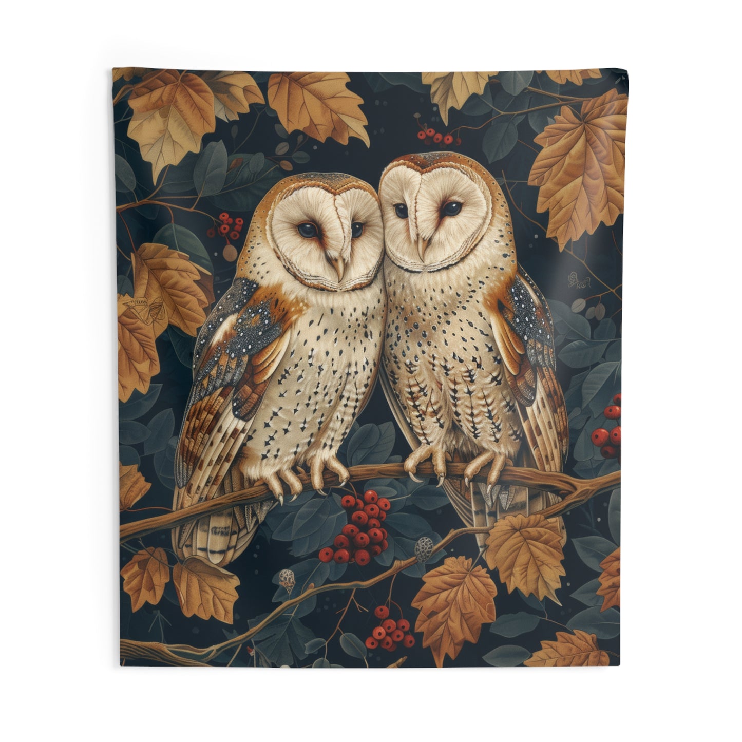 Tapestry of Couple Barn Owl | William Morris Medieval Style Wall Art | Cottagecore Hanging and Home Decor