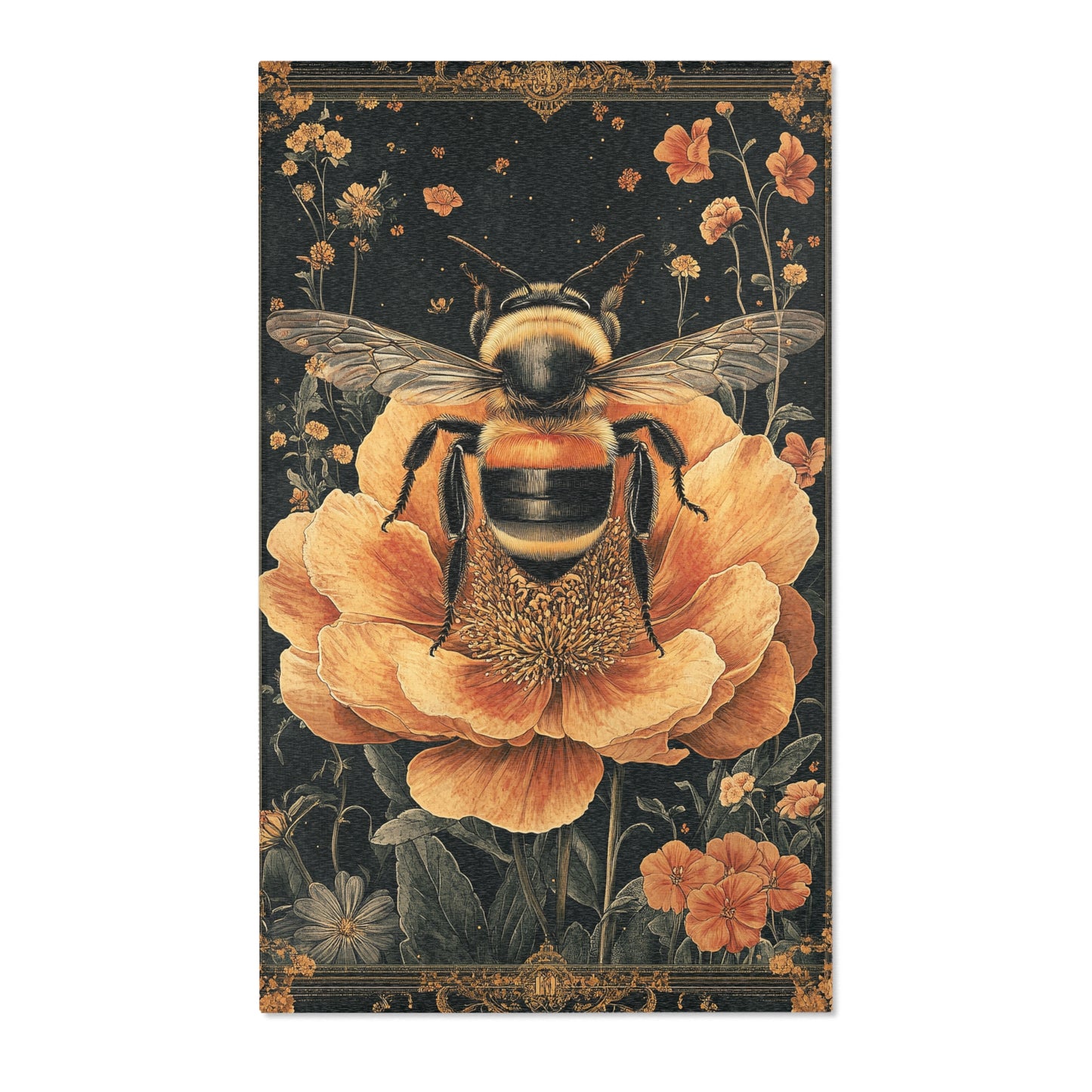 Vintage Botanical Bumblebee Rectangle Area Rug, Cottagecore Living Room Carpet, Floral Room Art Deco Rug, Housewarming Gift, Moms Gift