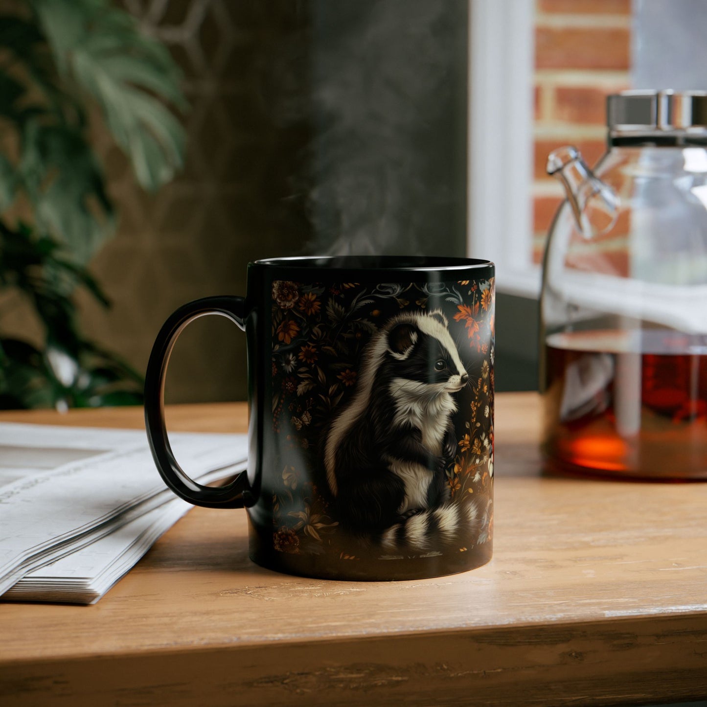 William Morris Inspired Botanical Skunk Black Coffee Mug Gift 11 oz, 15 oz