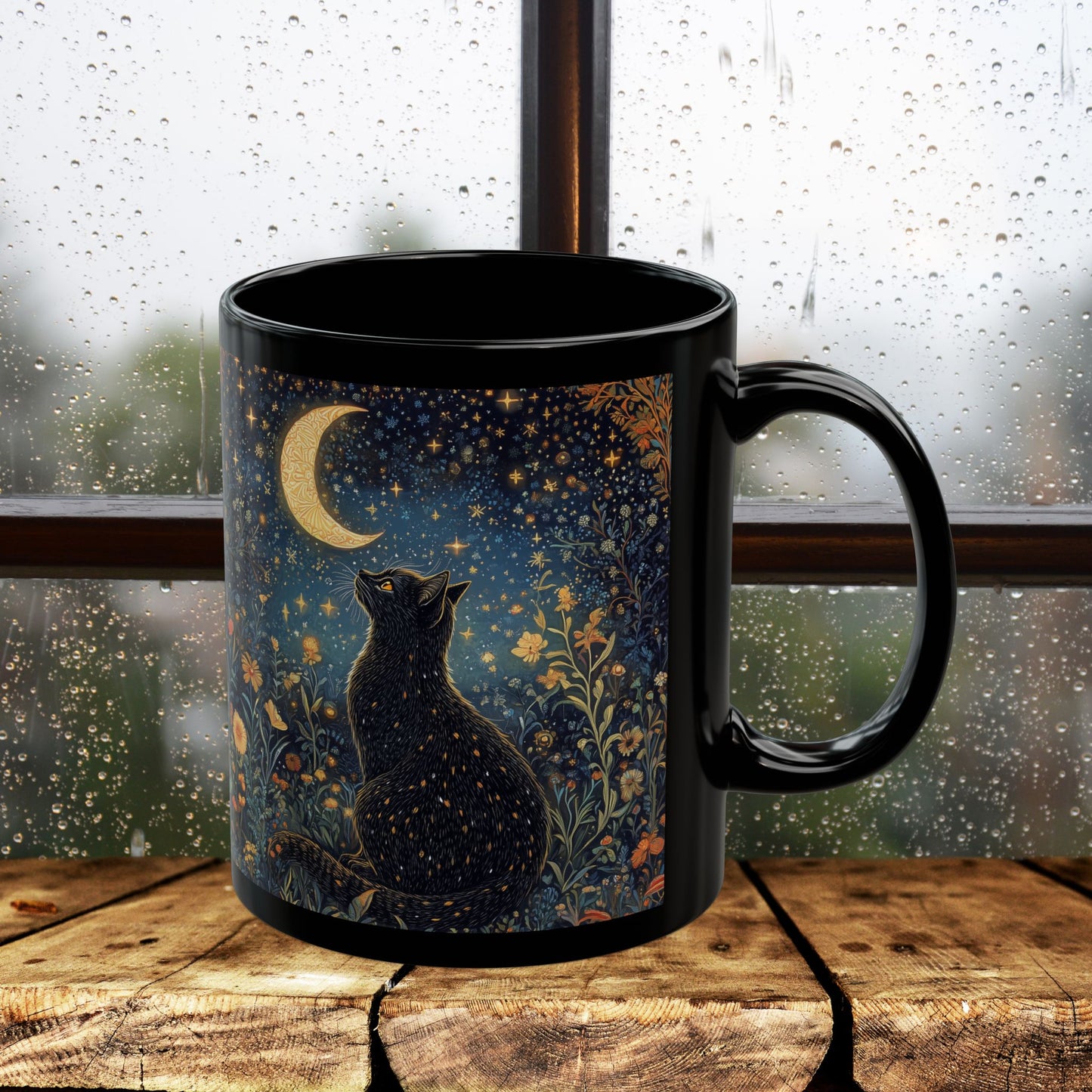 Mystical Black Cat Moon Mug, Celestial Floral Night Garden Coffee Cup 11oz & 15oz, Witchy Starry Magic Cat Lover Gift