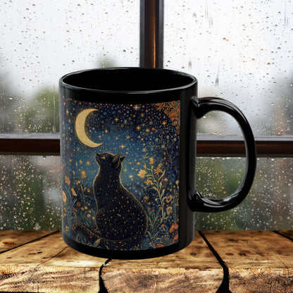 Mystical Black Cat Moon Mug, Celestial Floral Night Garden Coffee Cup 11oz & 15oz, Witchy Starry Magic Cat Lover Gift