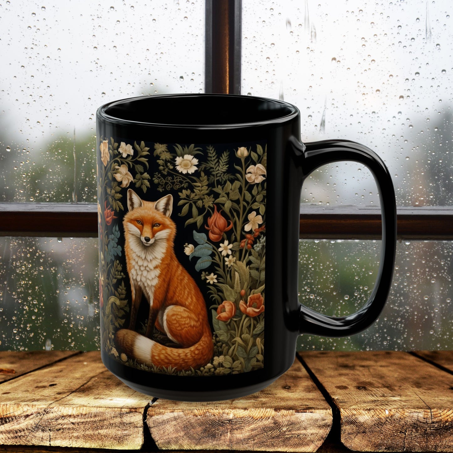 Botanical Floral Fox William Morris Inspired Black Mug (11oz ,15 oz), Gift for Nature Lovers, Coffee Tea Mug, Unique Kitchen Decor,