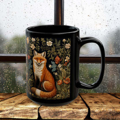 Botanical Floral Fox William Morris Inspired Black Mug (11oz ,15 oz), Gift for Nature Lovers, Coffee Tea Mug, Unique Kitchen Decor,