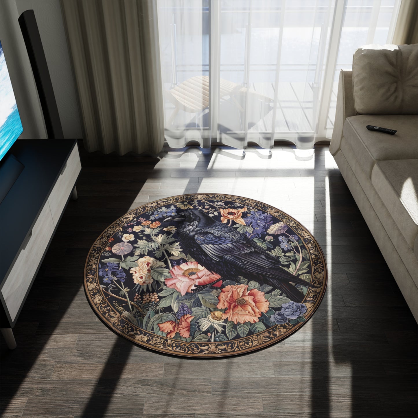 Round Rug - William Morris Inspired Black Raven Ornamental Gothic Floor Carpet