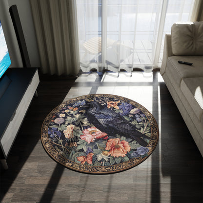 Round Rug - William Morris Inspired Black Raven Ornamental Gothic Floor Carpet