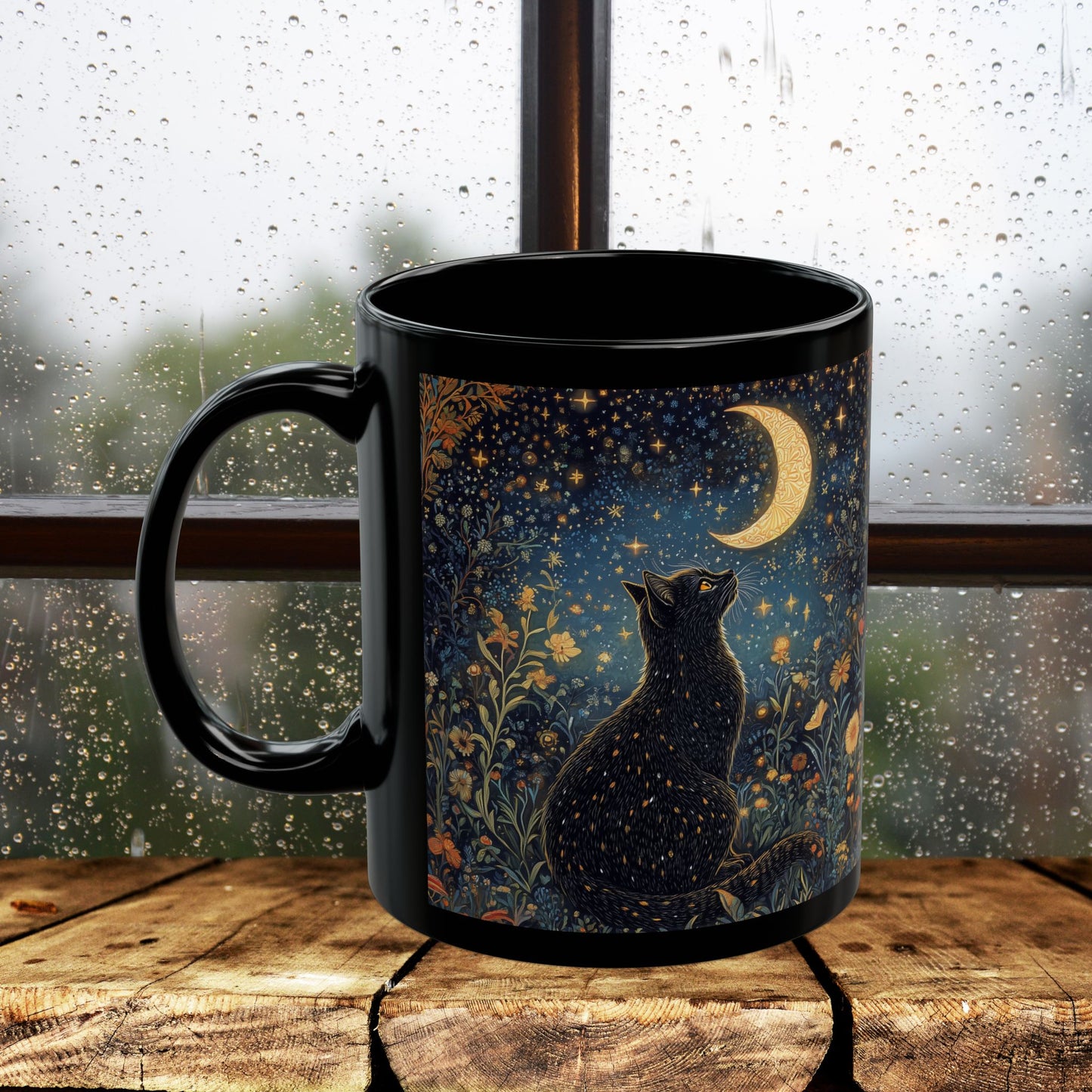 Mystical Black Cat Moon Mug, Celestial Floral Night Garden Coffee Cup 11oz & 15oz, Witchy Starry Magic Cat Lover Gift