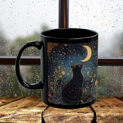 Mystical Black Cat Moon Mug, Celestial Floral Night Garden Coffee Cup 11oz & 15oz, Witchy Starry Magic Cat Lover Gift