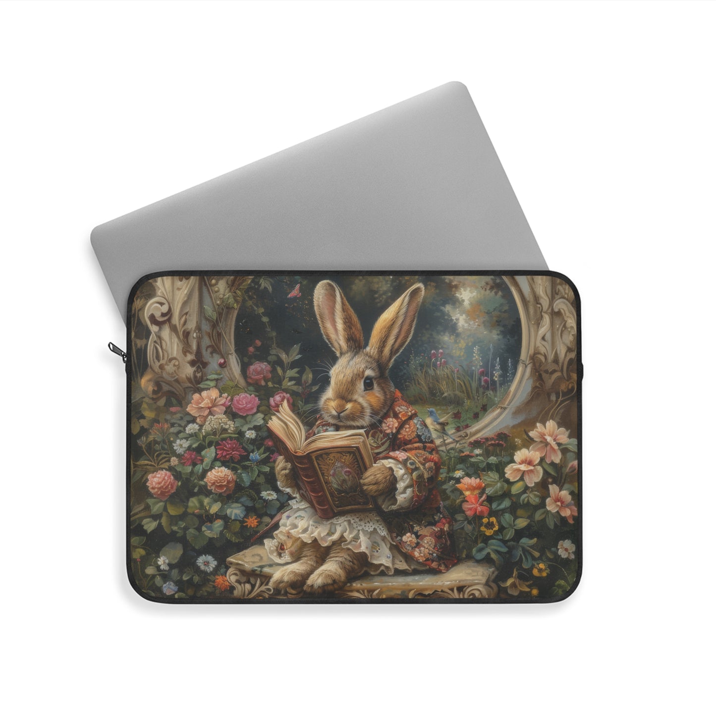 Whimsical Rabbit Reading Laptop Sleeve, Vintage Floral Bunny Art Case, Cute Protective Cover