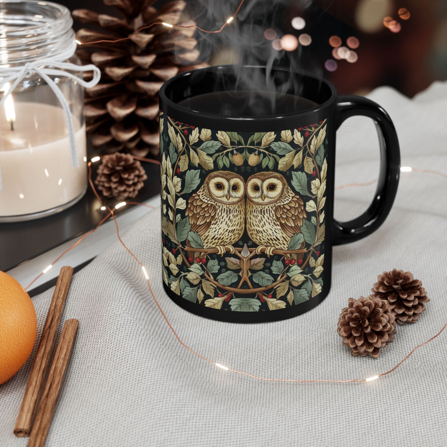 Owl Couple Coffee Mug, William Morris Inspired Woodland Romance Black Ceramic Cup (11oz, 15oz)