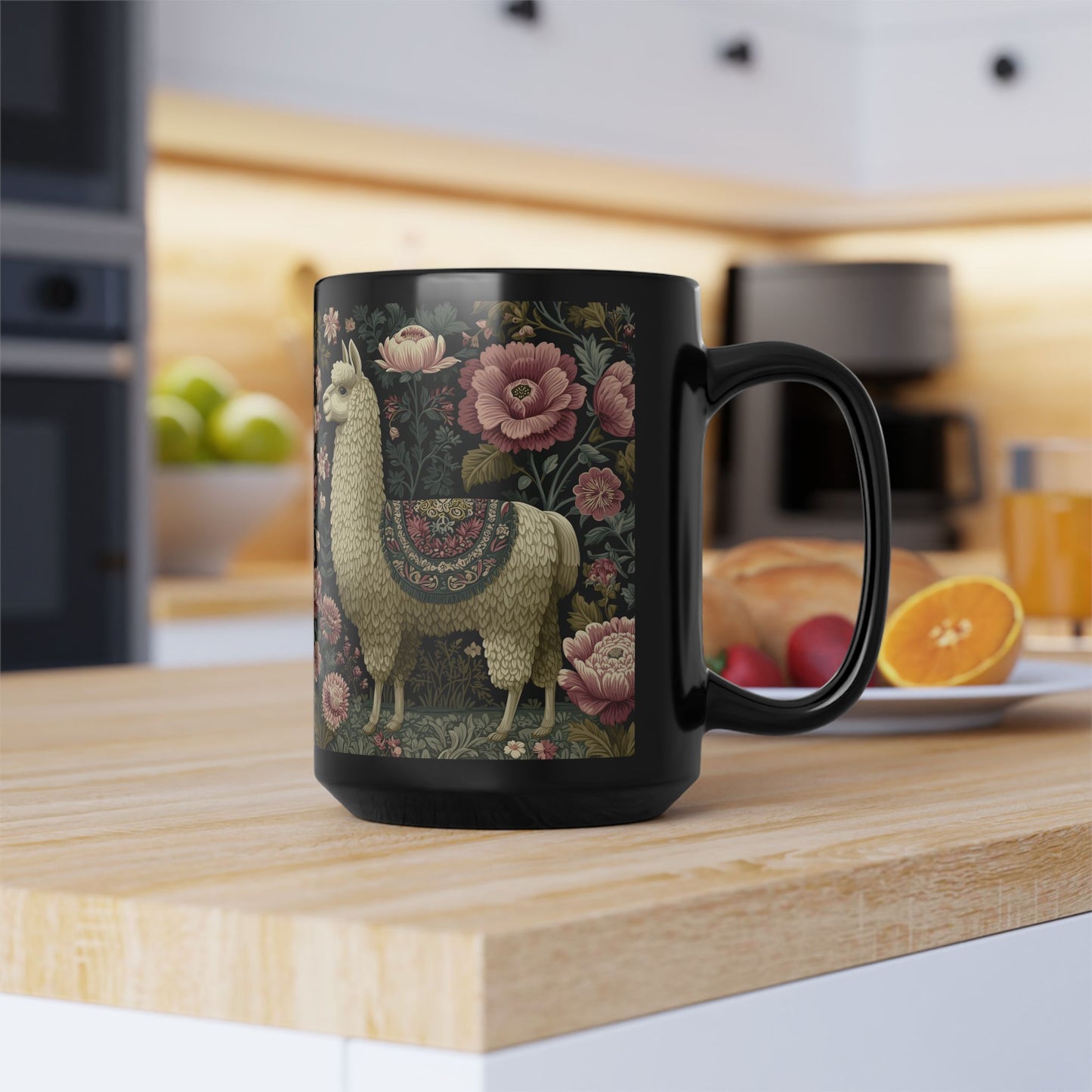 Botanical Llama Coffee Mug, William Morris Inspired Floral Black Ceramic Cup (11oz, 15oz)