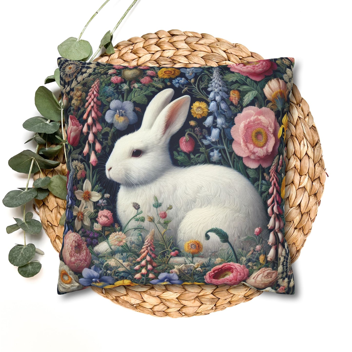Floral Bunny Pillowcase, Cozy Home Decor, Cute Easter Gift, Soft Throw Pillow Cover, Spring Decoration