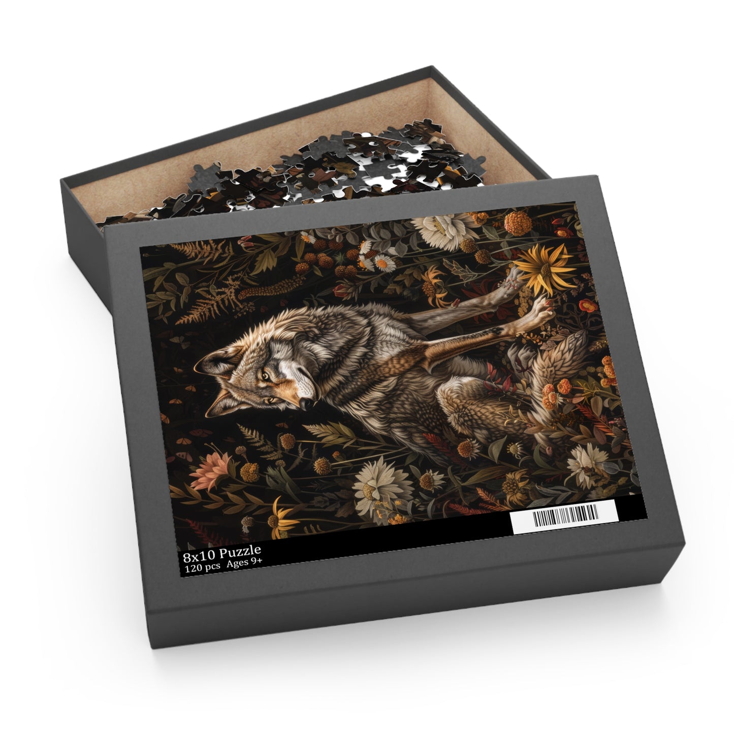 William Morris Inspired Forest Wolf Puzzle Box (120, 252, 500-Piece) Family Jigsaw Puzzle, Puzzle Box Gift
