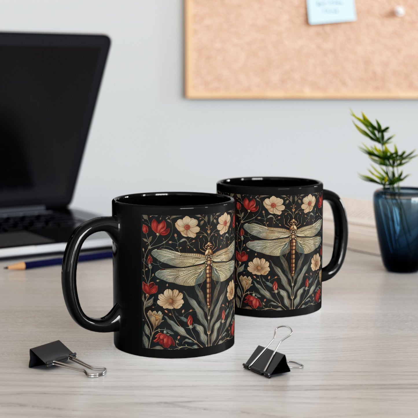 William Morris Inspired Botanical Dragonfly Black Mug 11oz, 15 oz