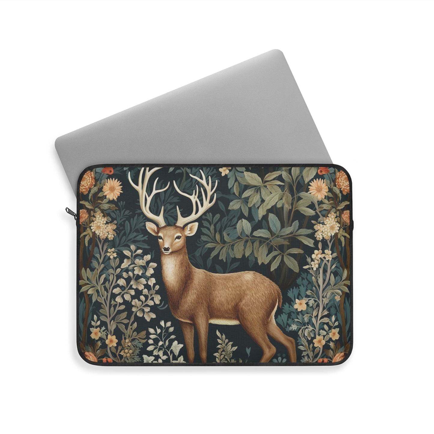 Woodland Deer Laptop Sleeve, William Morris Inspired Forest Botanical Art Case, Elegant Nature Animal Laptop Cover (12”, 13”, 15”)