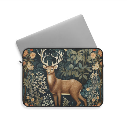 Woodland Deer Laptop Sleeve, William Morris Inspired Forest Botanical Art Case, Elegant Nature Animal Laptop Cover (12”, 13”, 15”)