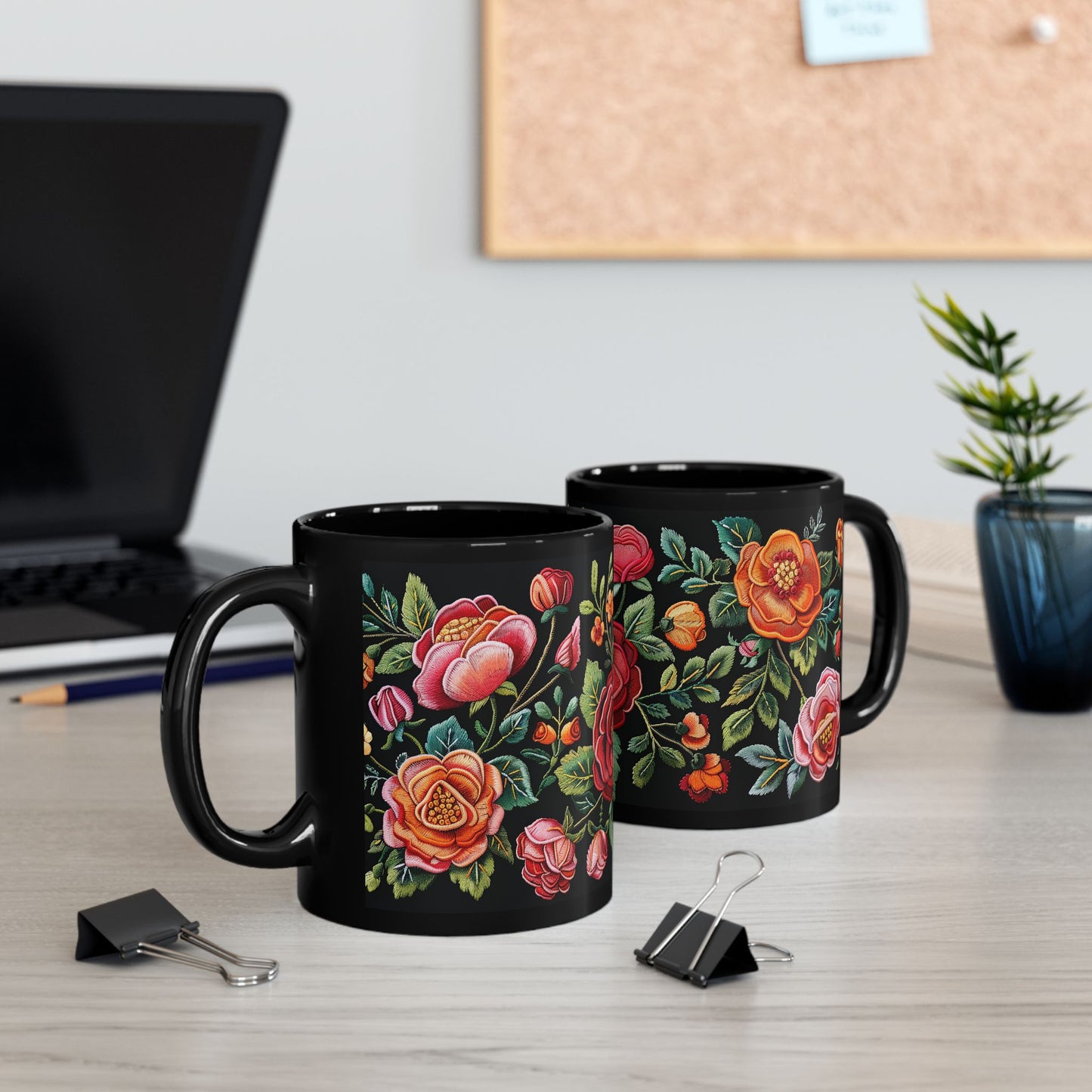 Vintage Roses Pattern Embroidery Black Mug 11oz