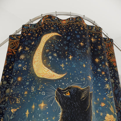 Black Cat Whimsical Night ,William Morris Insipred, Polyester Shower Curtain