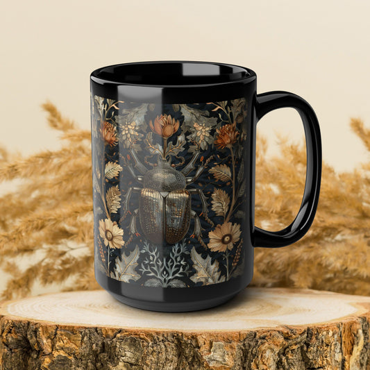 William Morris Inspired Beetle Botanicals Black Coffee Mug (11oz, 15 oz) Insect Lover Gift, Nature Garden Decor