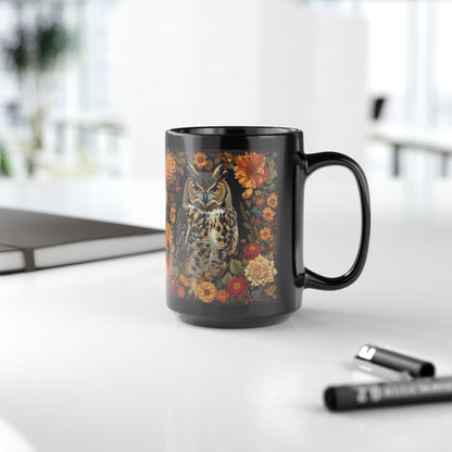 Black Mug, William Morris Inspired Great Horned Owl Fall Florals Ceramic Cup, Coffee Lover Gift, Unique Home Decor, Halloween Tea Cup,