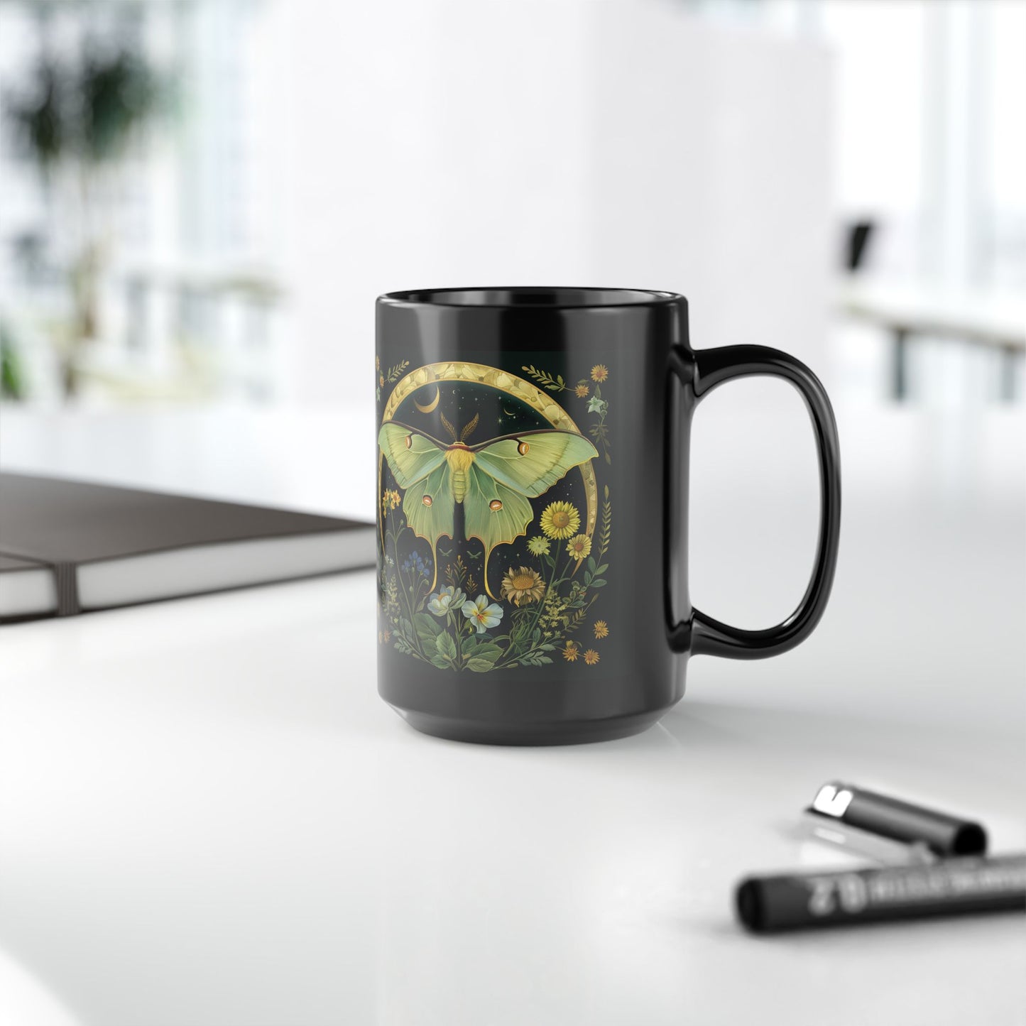 William Morris Inspired Luna Moth Crescent Moon Black Coffee Mug 11oz | Magical Luna Moth Ceramic Black Mug Gift