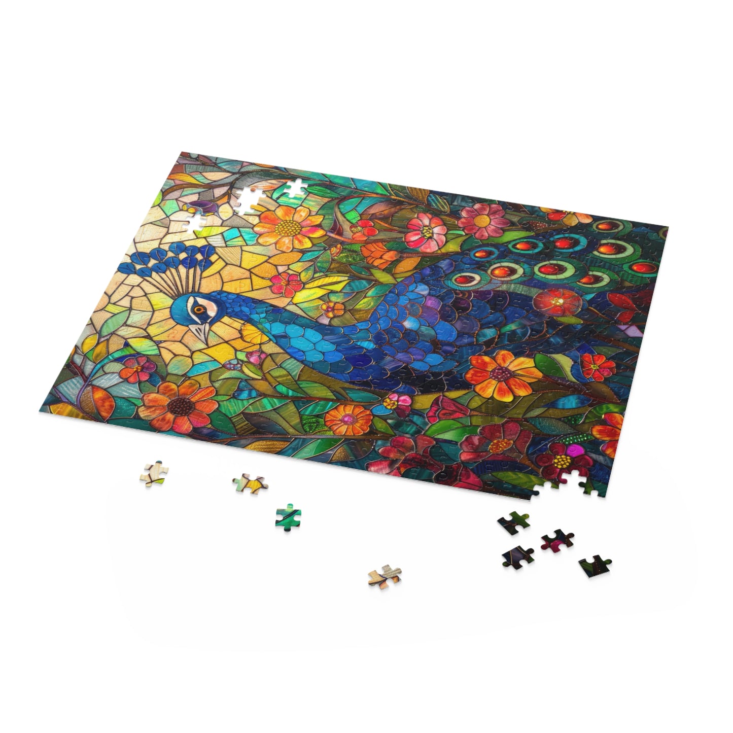 Stained Glass Peacock Wildflowers Puzzle Box (120, 252, 500-Piece) Family Jigsaw Puzzle, Puzzle Box Gift