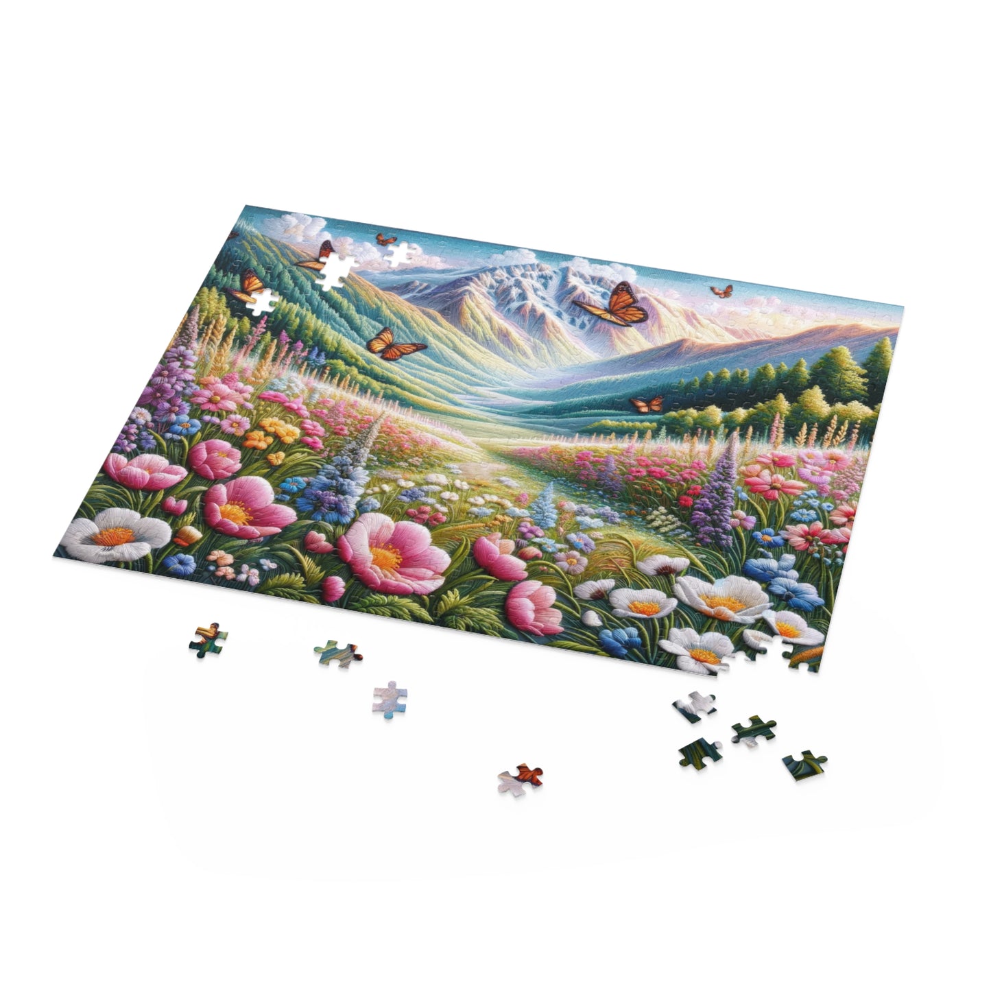 Field of Wildflowers and Butterflies Embroidered, Spring Scene Puzzle (120, 252, 500-Piece) Gift-Ready Box, Adult Jigsaw Puzzle