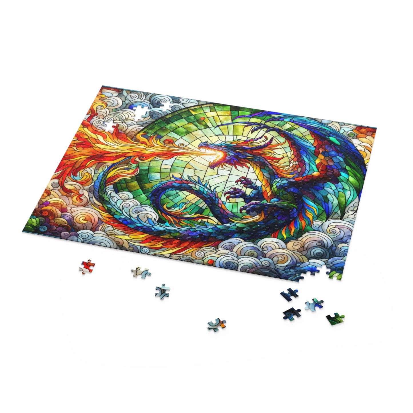 Colorful Dragon Stained Glass Jigsaw Puzzle Box (120, 252, 500-Piece) Adult Jigsaw Puzzle, Gift Him Her