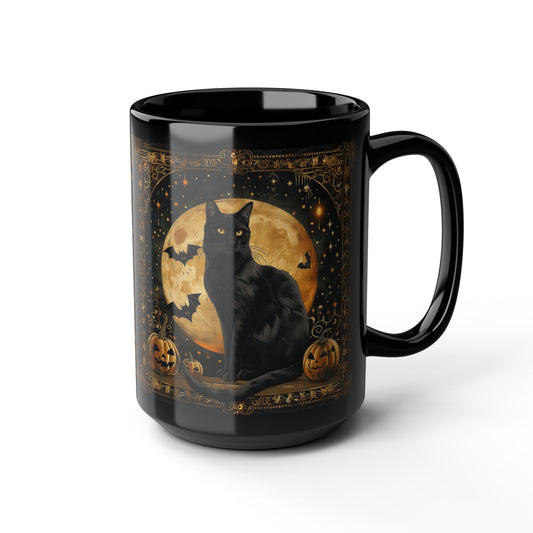 Art Deco Full Moon Black Cat Mug, William Morris Inspired, Black Coffee Cup 11oz, 15oz, Cat Lover Gift, Halloween Mug, Gothic Kitchen Decor,