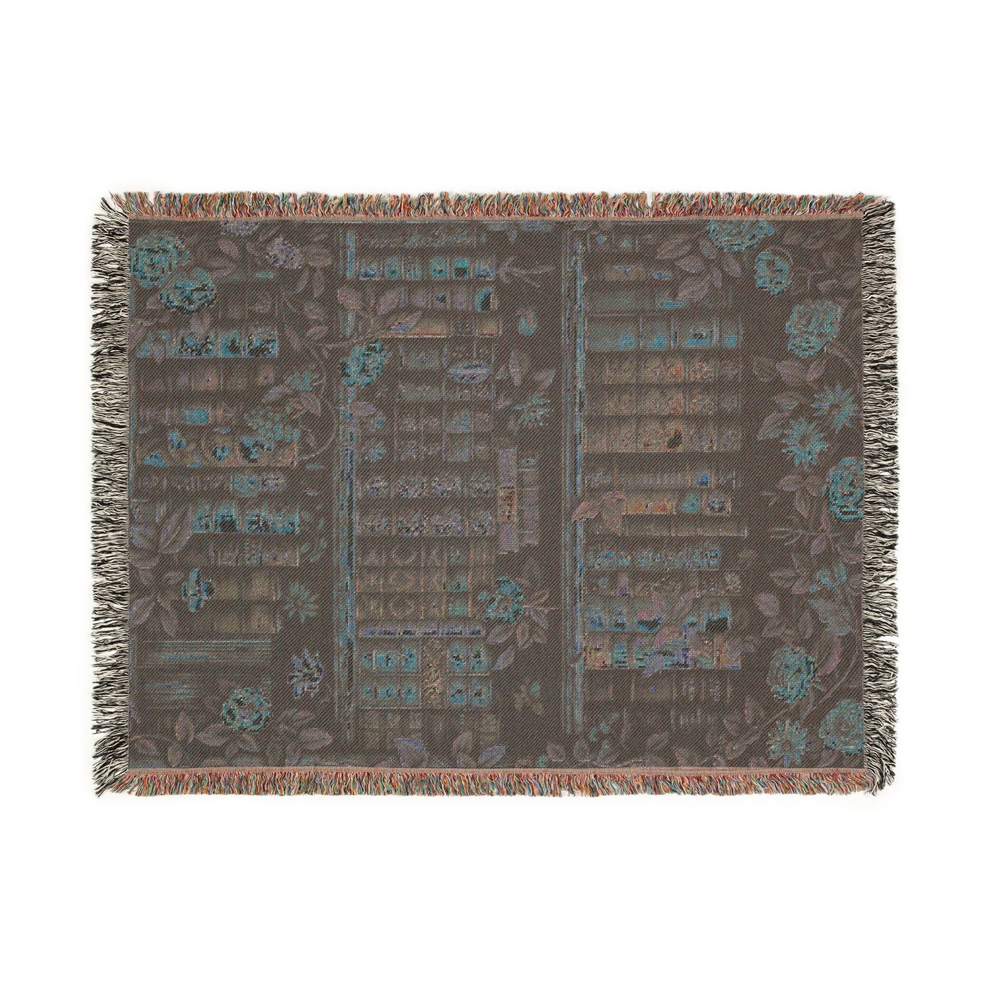 Vintage Bookshelf Woven Blanket, Dark Academia Cotton Throw With Fringe Edges