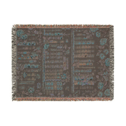 Vintage Bookshelf Woven Blanket, Dark Academia Cotton Throw With Fringe Edges