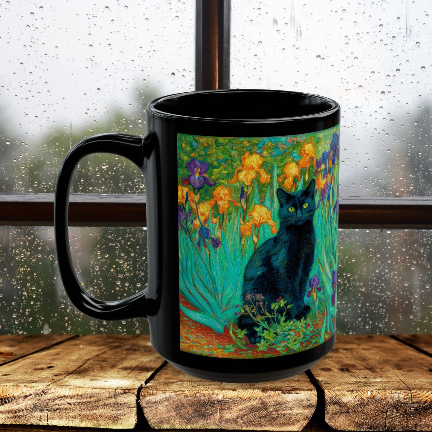Black Cat Iris Mug, Van Gogh Inspired Cat Art Mug, Colorful Impressionist Floral Black Ceramic Mug, Artistic Cat Lover Gift, 11oz & 15oz