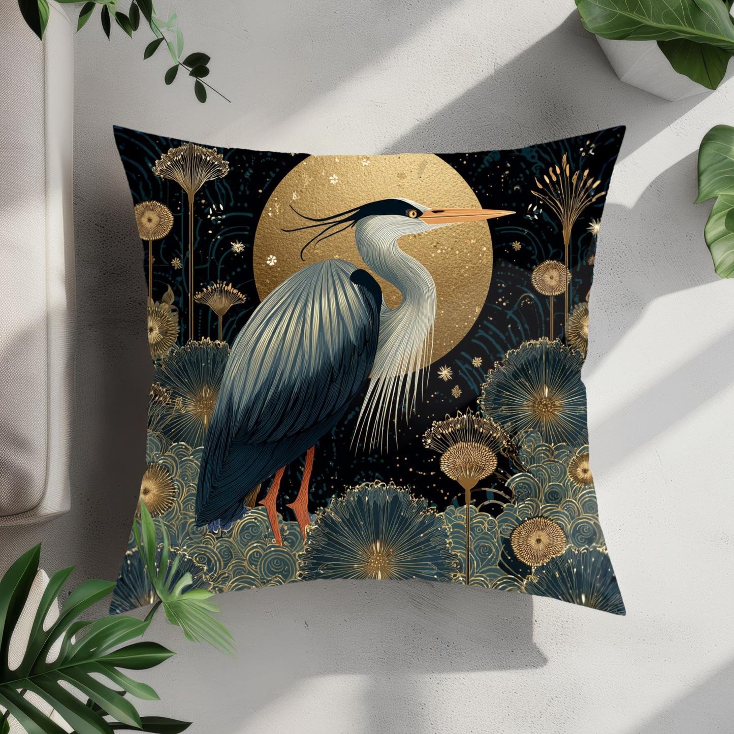 Heron Moon Decorative Pillow, Botanical Coastal Throw Pillow