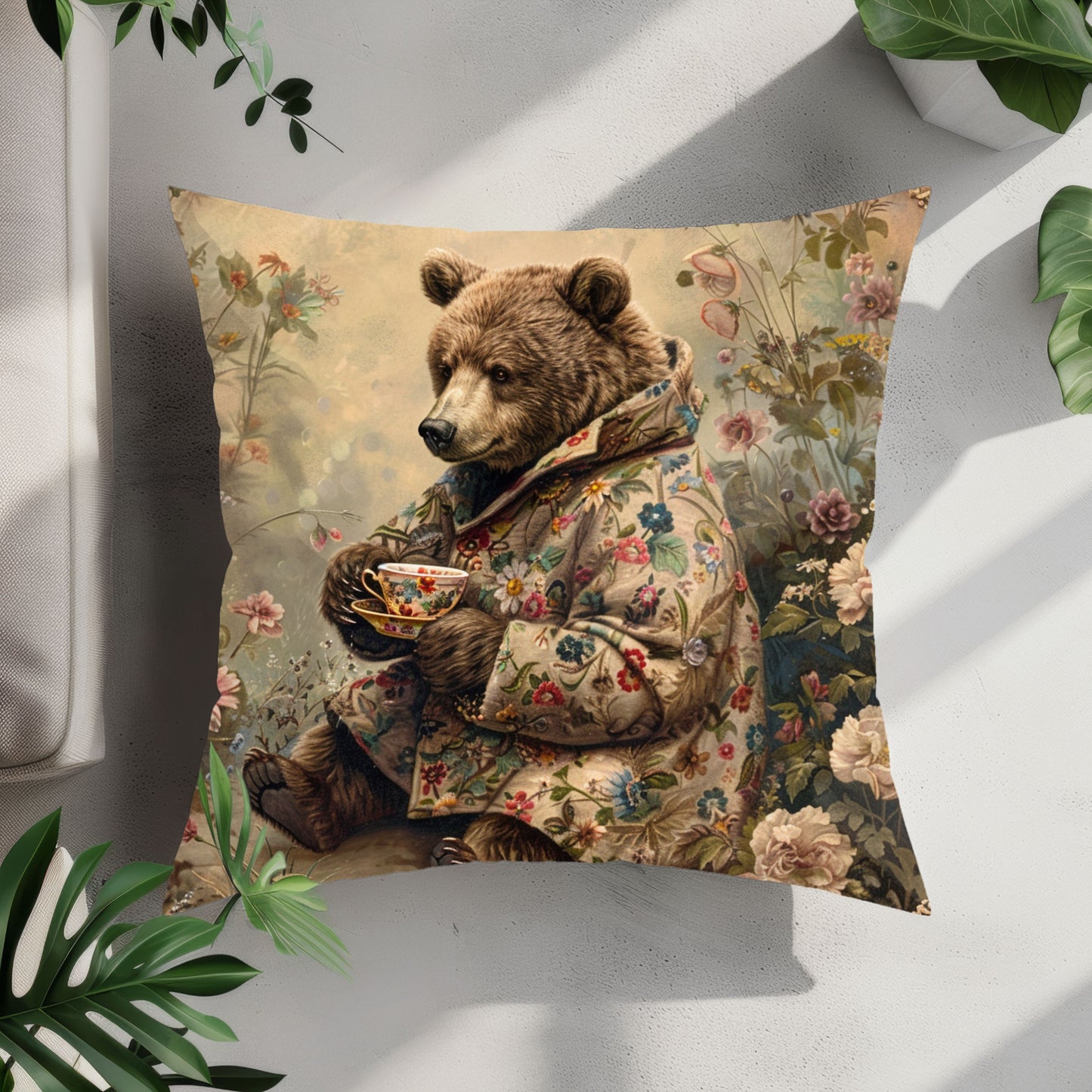 Cozy Floral Bear Tea Time Pillow Decorative Square Throw Pillow
