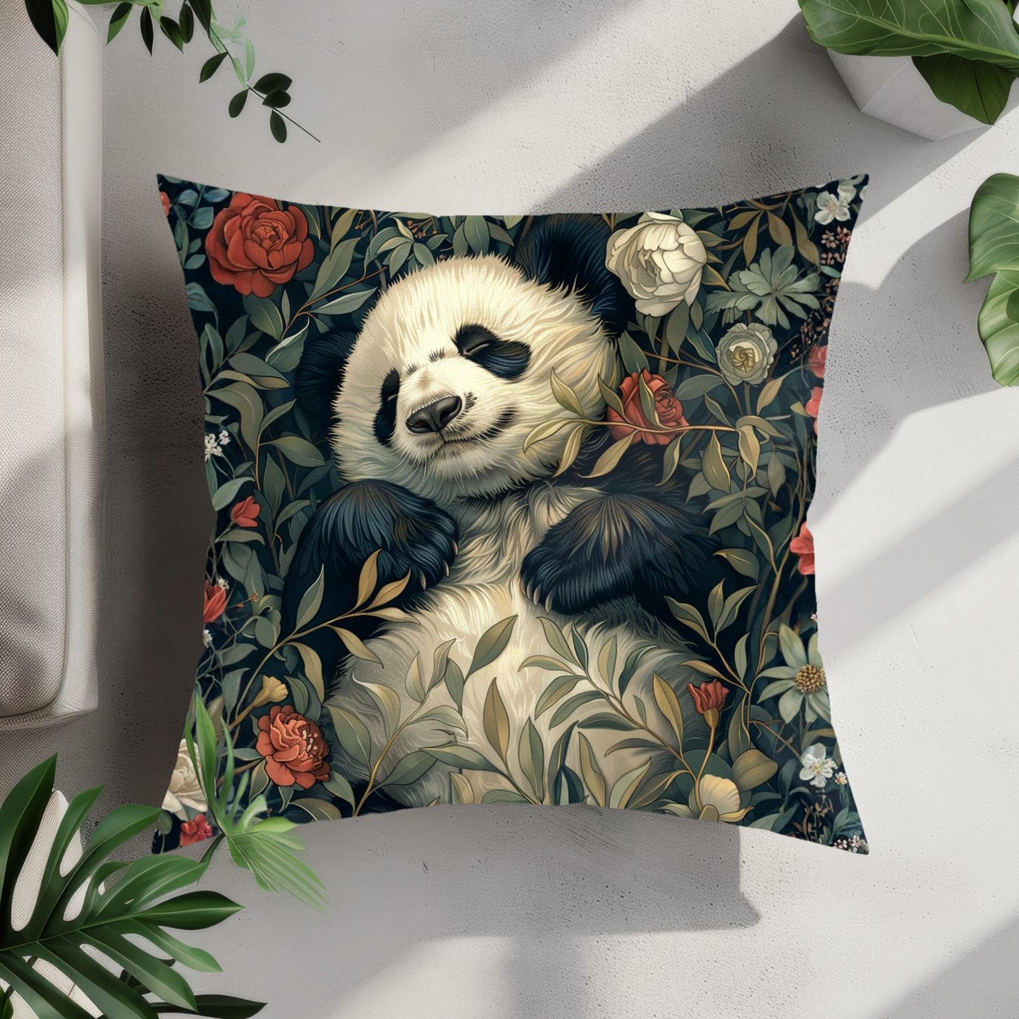 Panda Floral Decorative Pillow, Relaxed Garden Animal Throw Cushion
