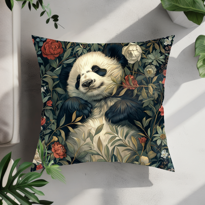 Panda Floral Decorative Pillow, Relaxed Garden Animal Throw Cushion
