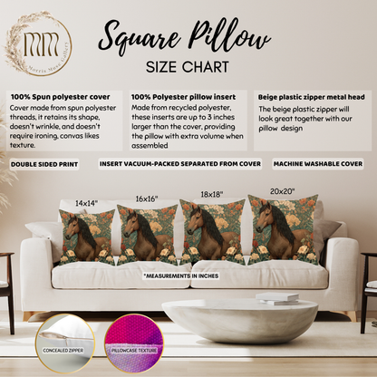 Majestic Horse Floral Pillow, William Morris Style Botanical Equestrian Cushion