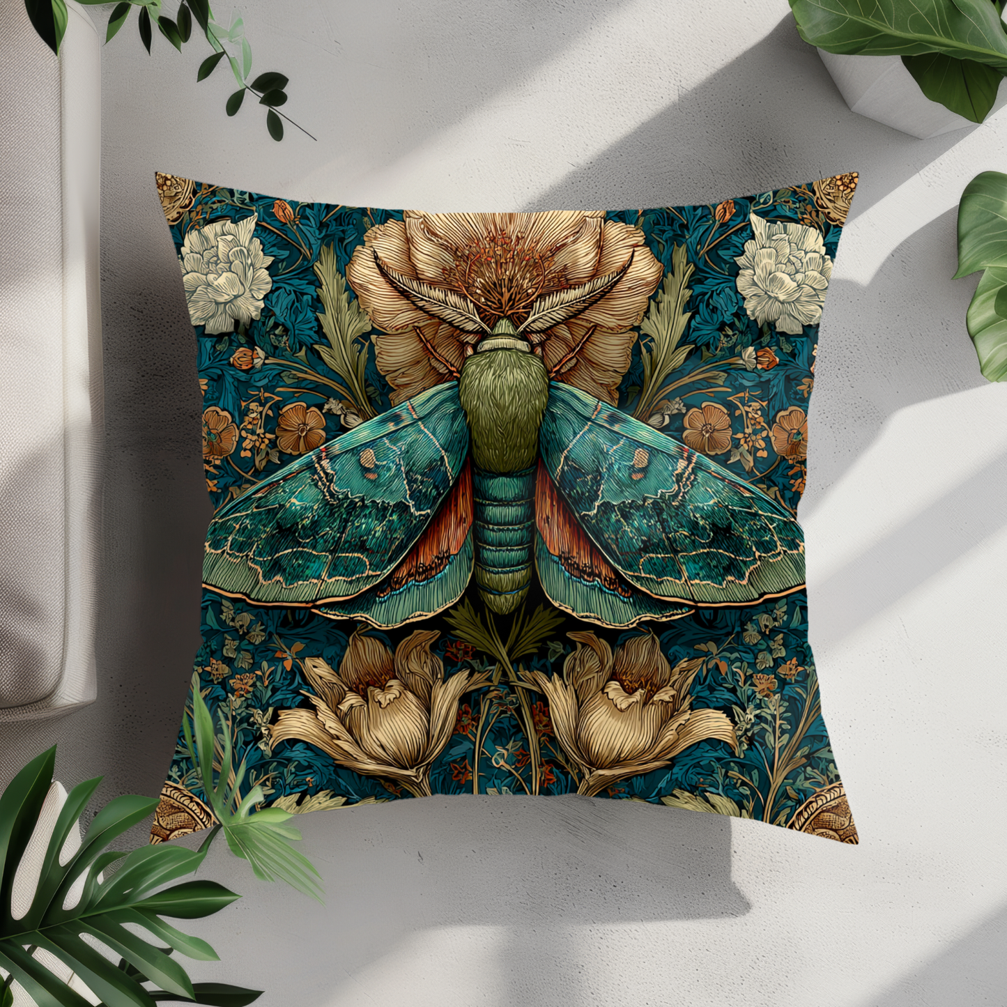 William Morris Inspired Moth Pillow, Teal Botanical Art Nouveau Cushion, Vintage Floral Nature Square Pillow