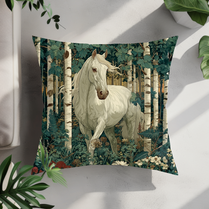 White Horse Birch Forest Decorative Pillow — Rustic Woodland Accent Cushion
